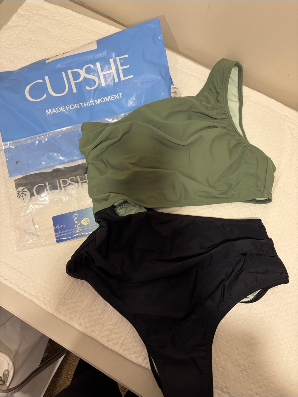 Cupshe Olive One-Shoulder Bikini Top with Black High-Waist Bottoms